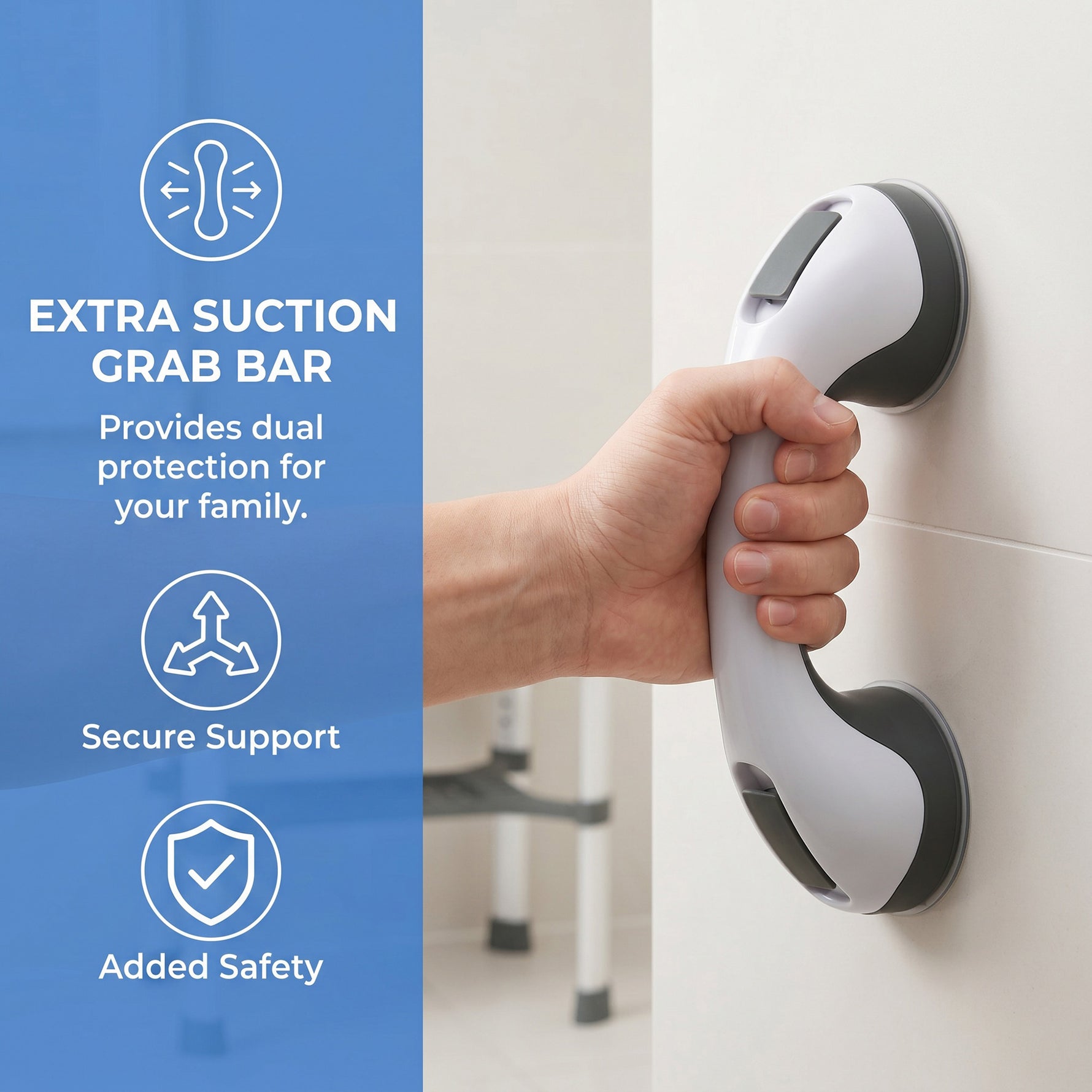 Tabouret de Douche Hauteur Ajustable avec Étagère Intégrée et Barre d'Appui à Ventouse pour Seniors et Handicapés, Gris