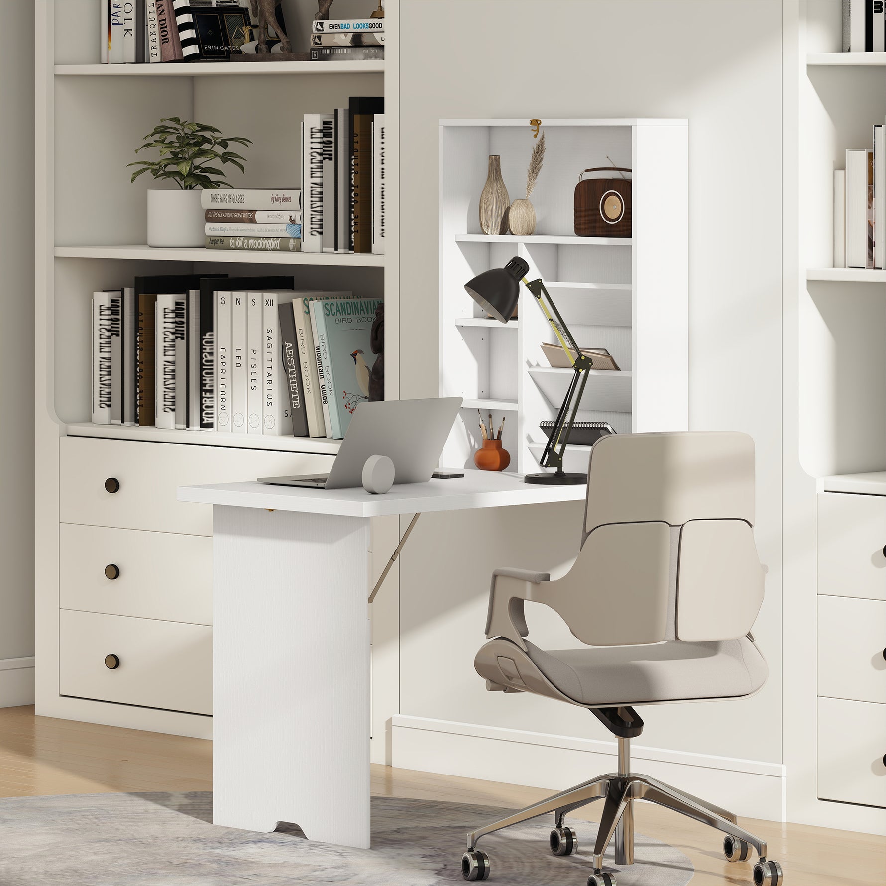 Bureau pliable mural, table murale pliante avec étagères pour salon, salle à manger, bureau, 93,8 x 60 x 147 cm, blanc