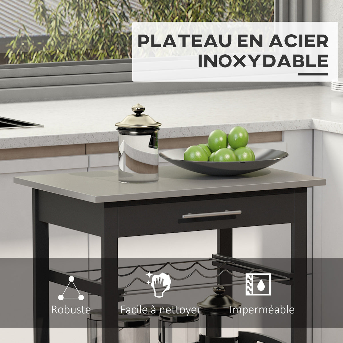 Chariot de Service desserte de Cuisine Table roulantes avec étagère rangement bouteille 60L x 40l x 85H cm Plateau en Acier INOX. Noir