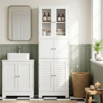 Meuble de salle de bain haut, meuble de rangement avec 6 portes dont 2 vitrées et 2 persiennes, étagère réglable, blanc