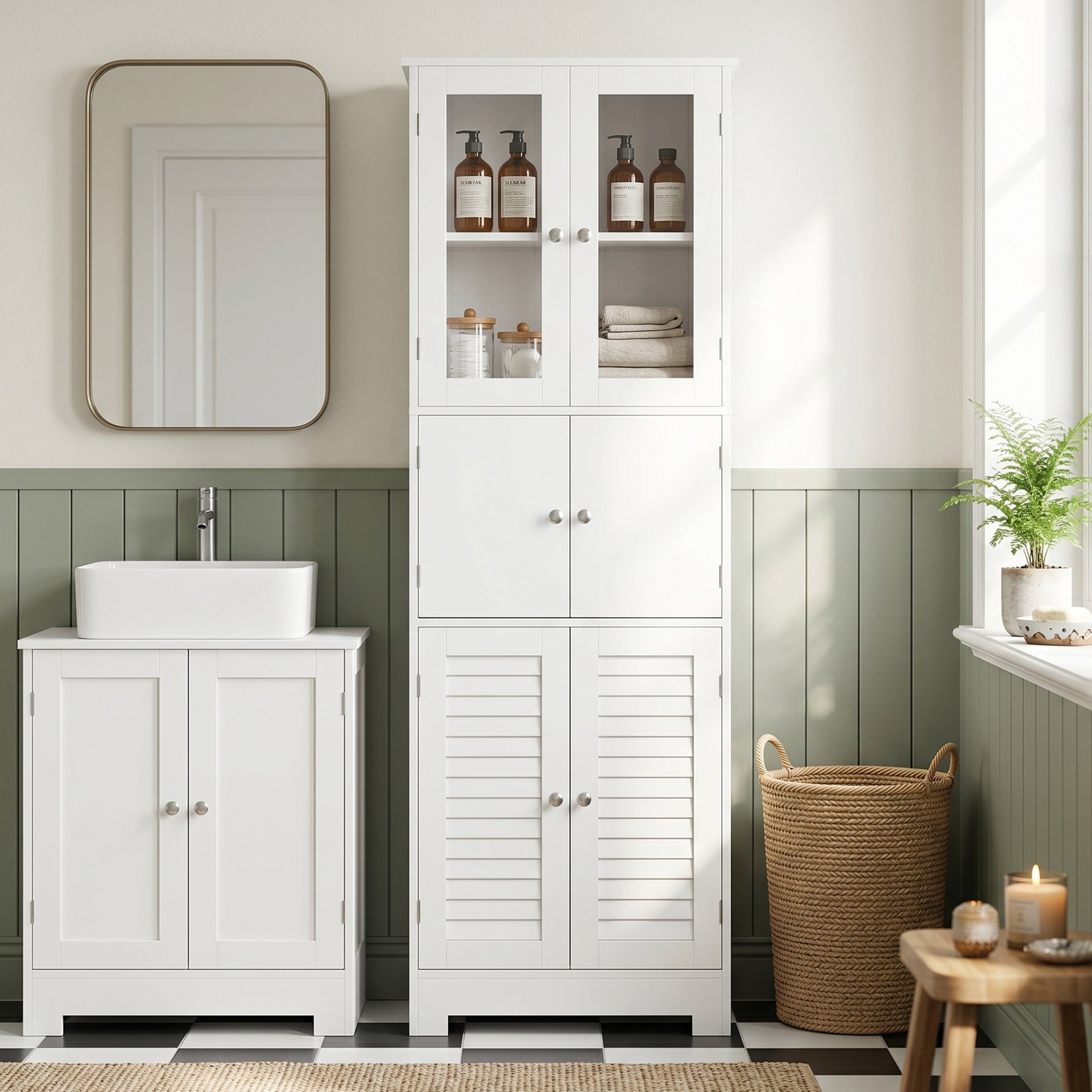 Meuble de salle de bain haut, meuble de rangement avec 6 portes dont 2 vitrées et 2 persiennes, étagère réglable, blanc