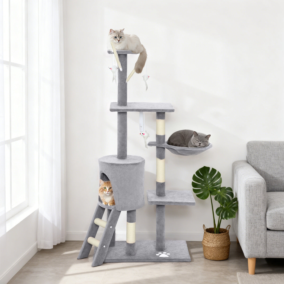 Albero per gatti, torre gioco stabile multi-livello con cuccia, 3 piattaforme e amaca, 60x35x134 cm, grigio