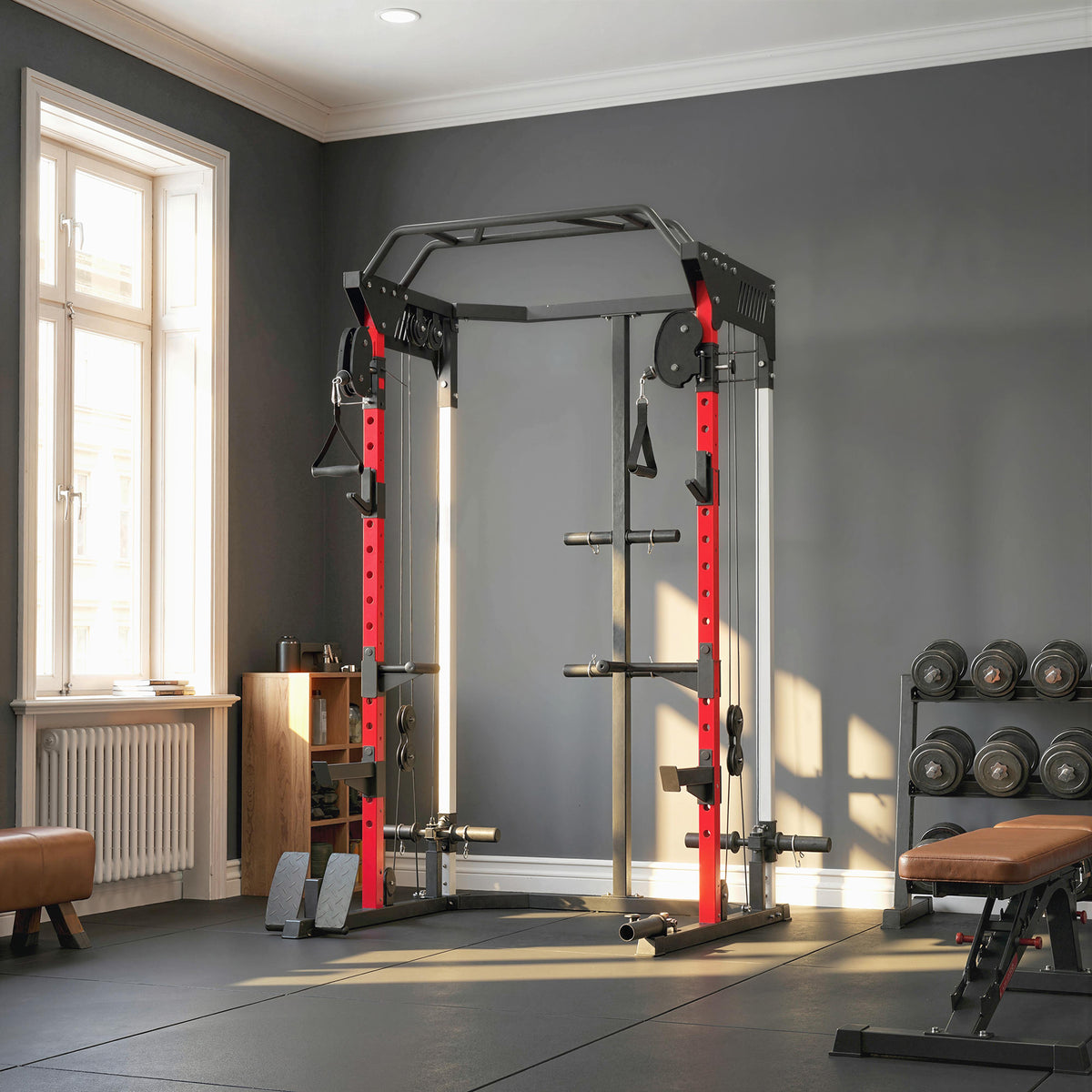 Power Rack per allenamento della forza 900 kg, doppia puleggia regolabile su 19 livelli, Home Gym completo, nero