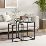 Lot de 2 tables basse gigogne, tables d'appoint empilable, plateau verre trempé cadre acier, patins antidérapants, noir