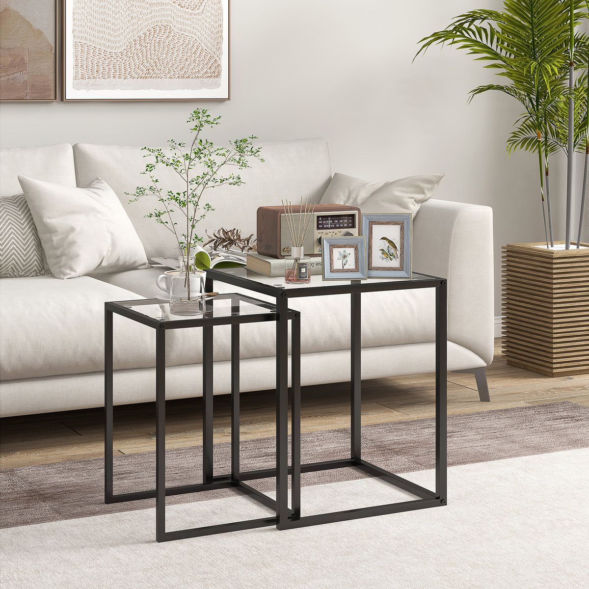 Lot de 2 tables basse gigogne, tables d'appoint empilable, plateau verre trempé cadre acier, patins antidérapants, noir