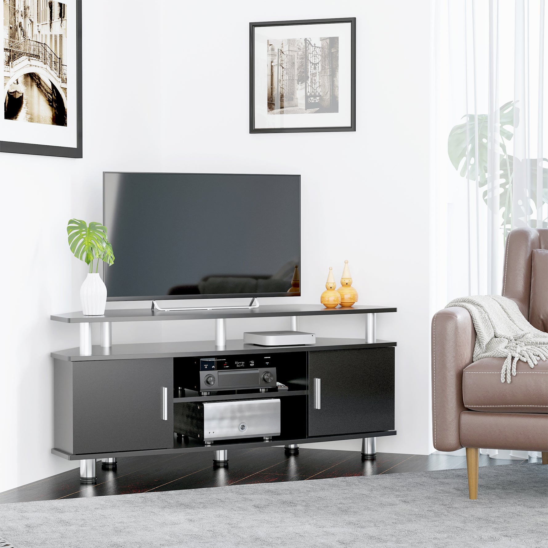 Meuble TV meuble télé bois banc TV pour téléviseur jusqu'à 55 pouces avec grand plateau, placards à portes et