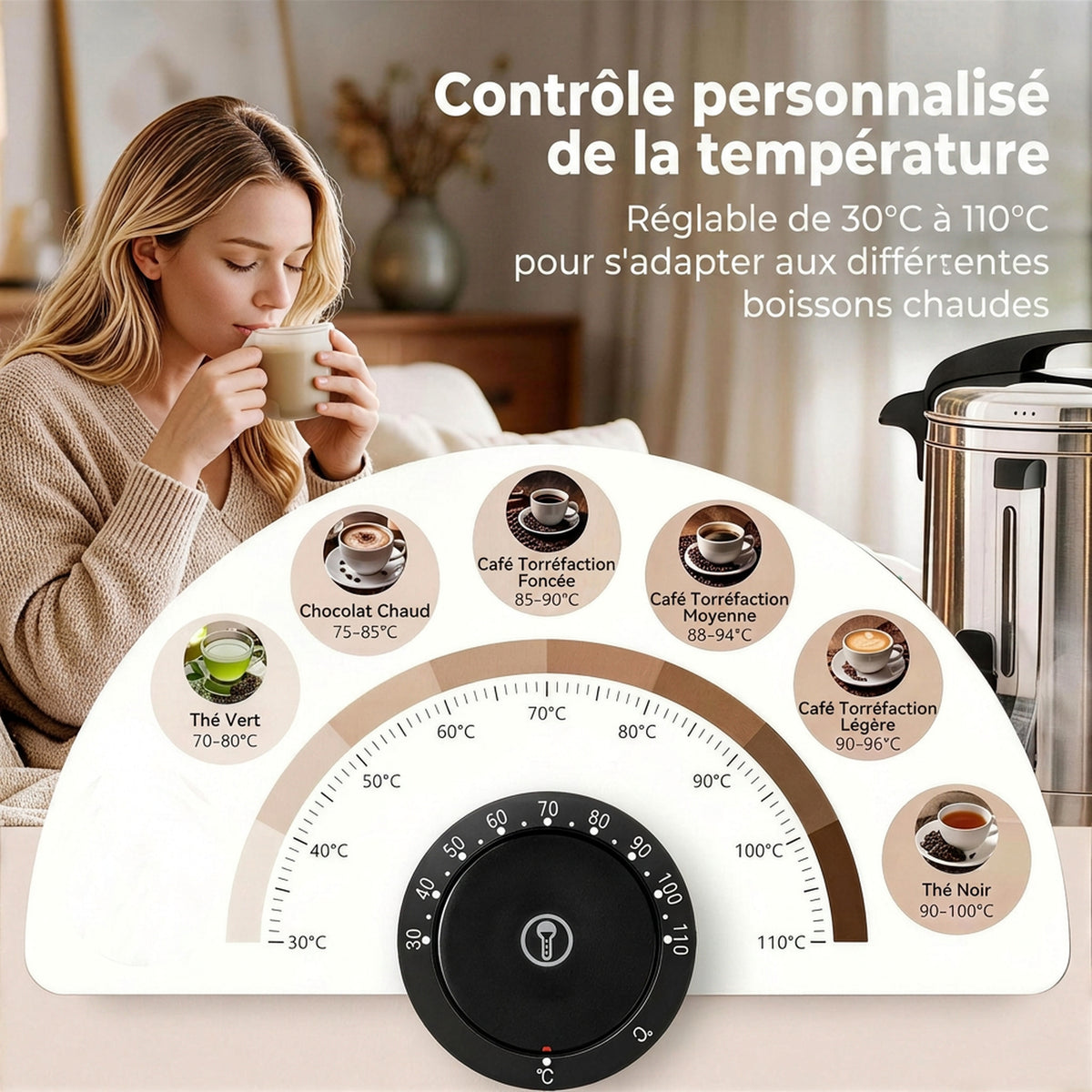 Distributeur d'Eau Chaude en Inox 8L 1500 W, 9 Niveaux de Température 30-110 °C, Maintien au Chaud, Robinet, Argenté