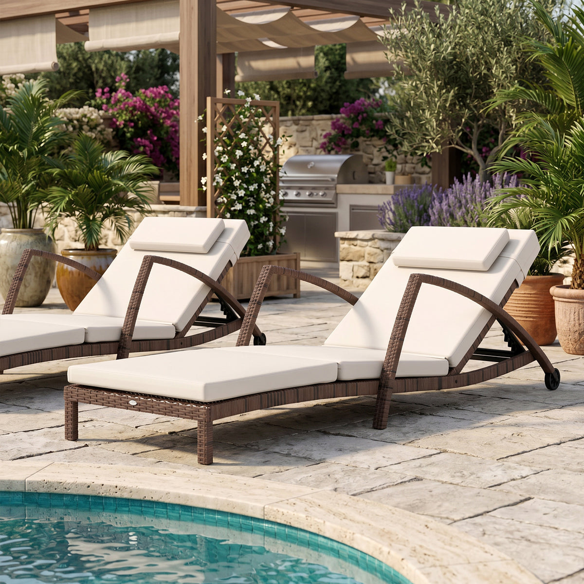 Tumbona, chaise longue de resina trenzada con respaldo ajustable, ruedas, cojín y reposabrazos, marrón y beige