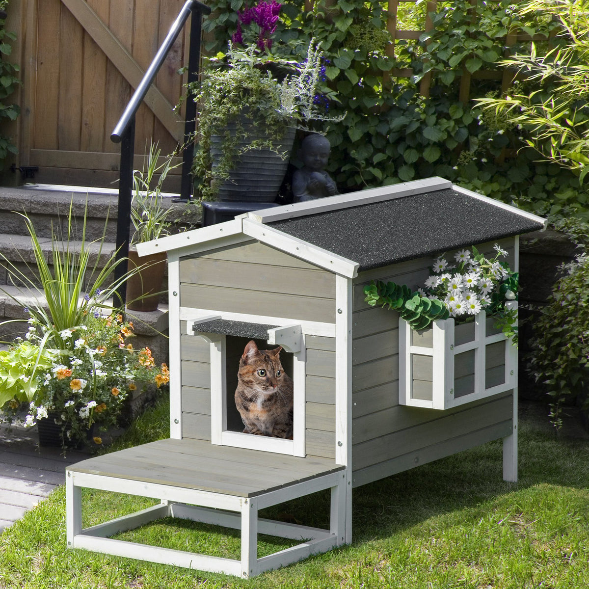 Maisonnette pour chats niche extérieure surélevé avec terrasse étanche en bois, dim. 115L x 66,5P x 74,7H cm, gris