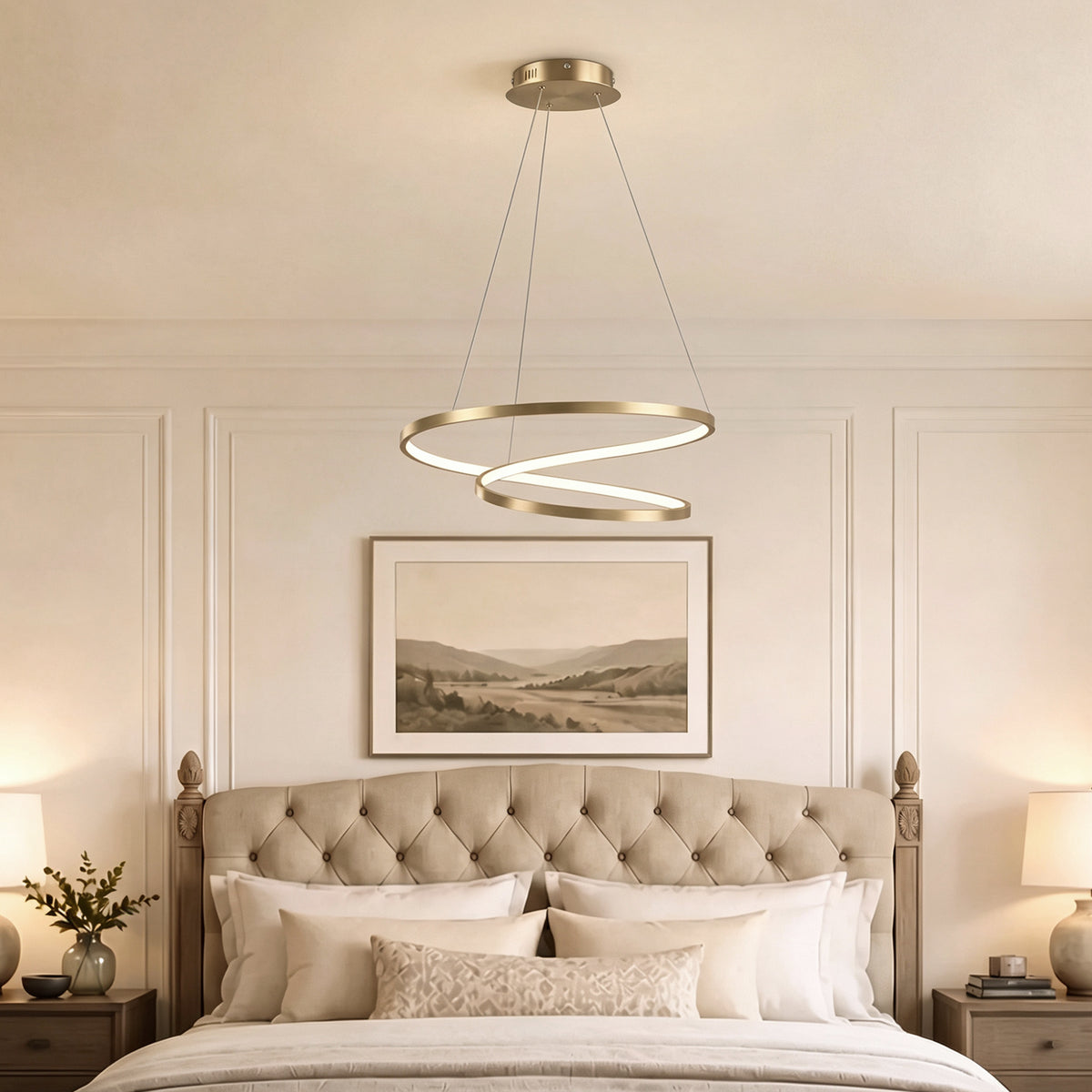 Suspension Luminaire avec 2 Anneaux, Lustre Suspendu LED à 3 Températures de Couleur, Hauteur Réglable, Doré
