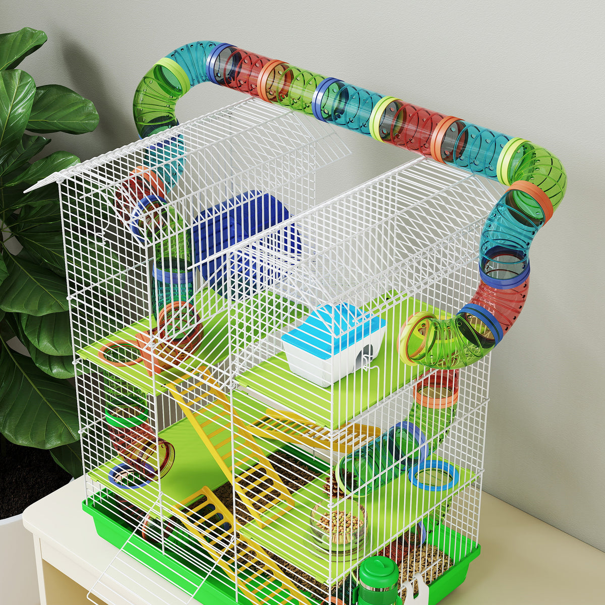 Cage pour hamster souris petit animaux rongeur avec tunnel mangeoire roue jouet 47 x 30 x 59 cm vert