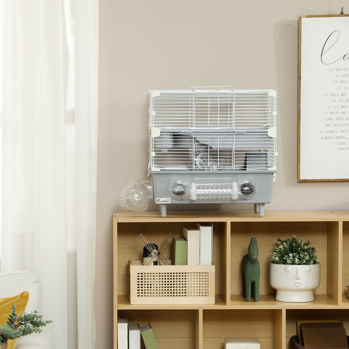 Gabbia per criceti a 2 livelli con ruota, bagno di sabbia per criceti nani 44,5 x 28 x 44 cm grigia