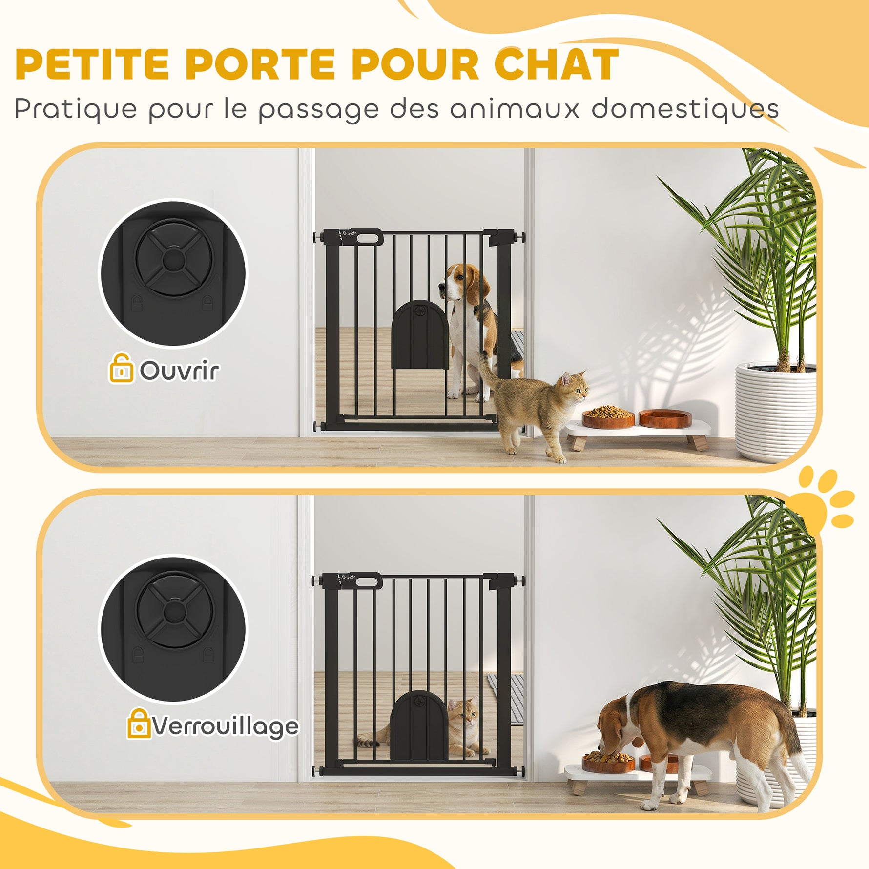 Barrière de sécurité animaux avec porte fermeture automatique système de double verrouillage, acier noir