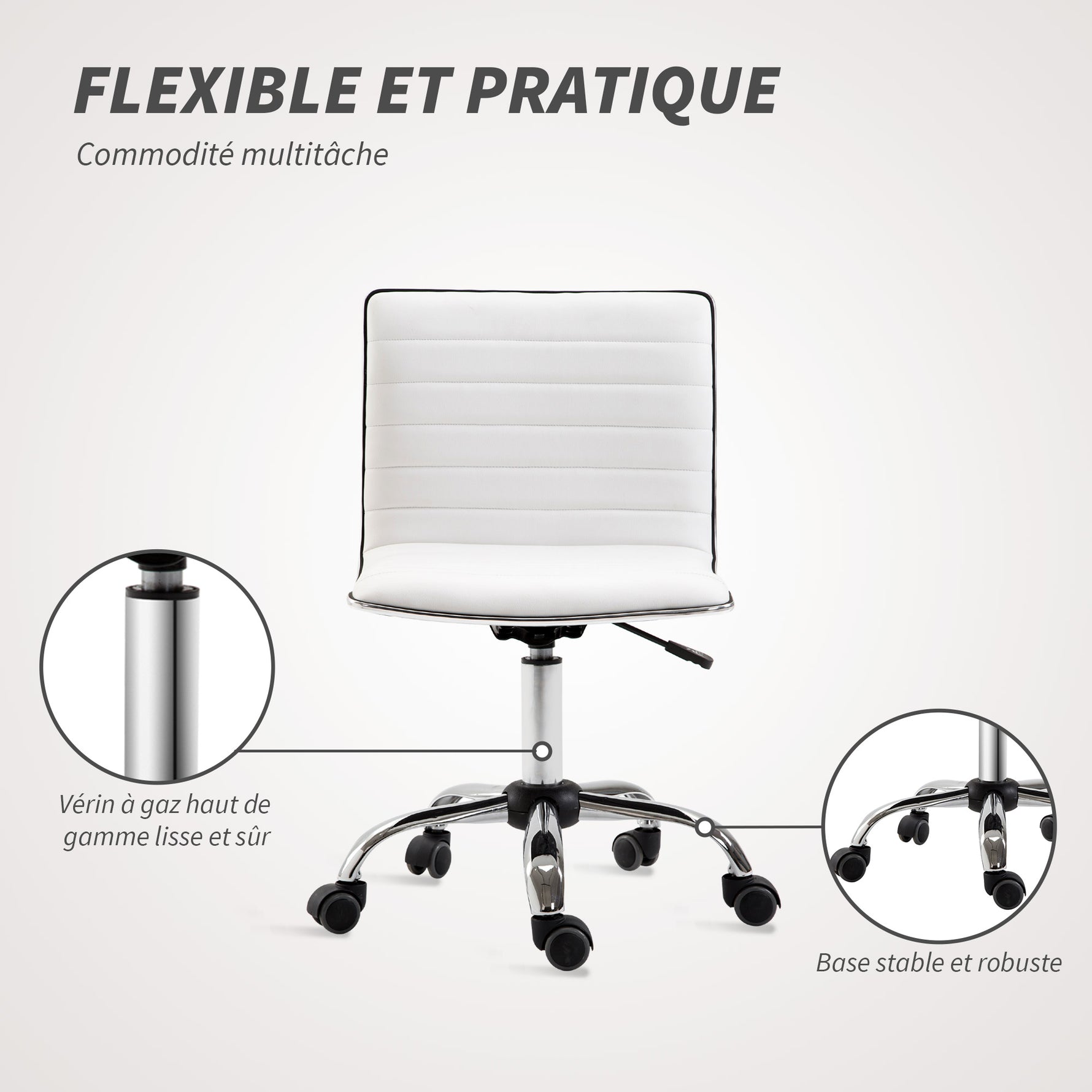 Chaise bureau sans accoudoirs, fauteuil de bureau, hauteur réglable, assise et dossier rembourrés, 48x52x78-90cm, blanc
