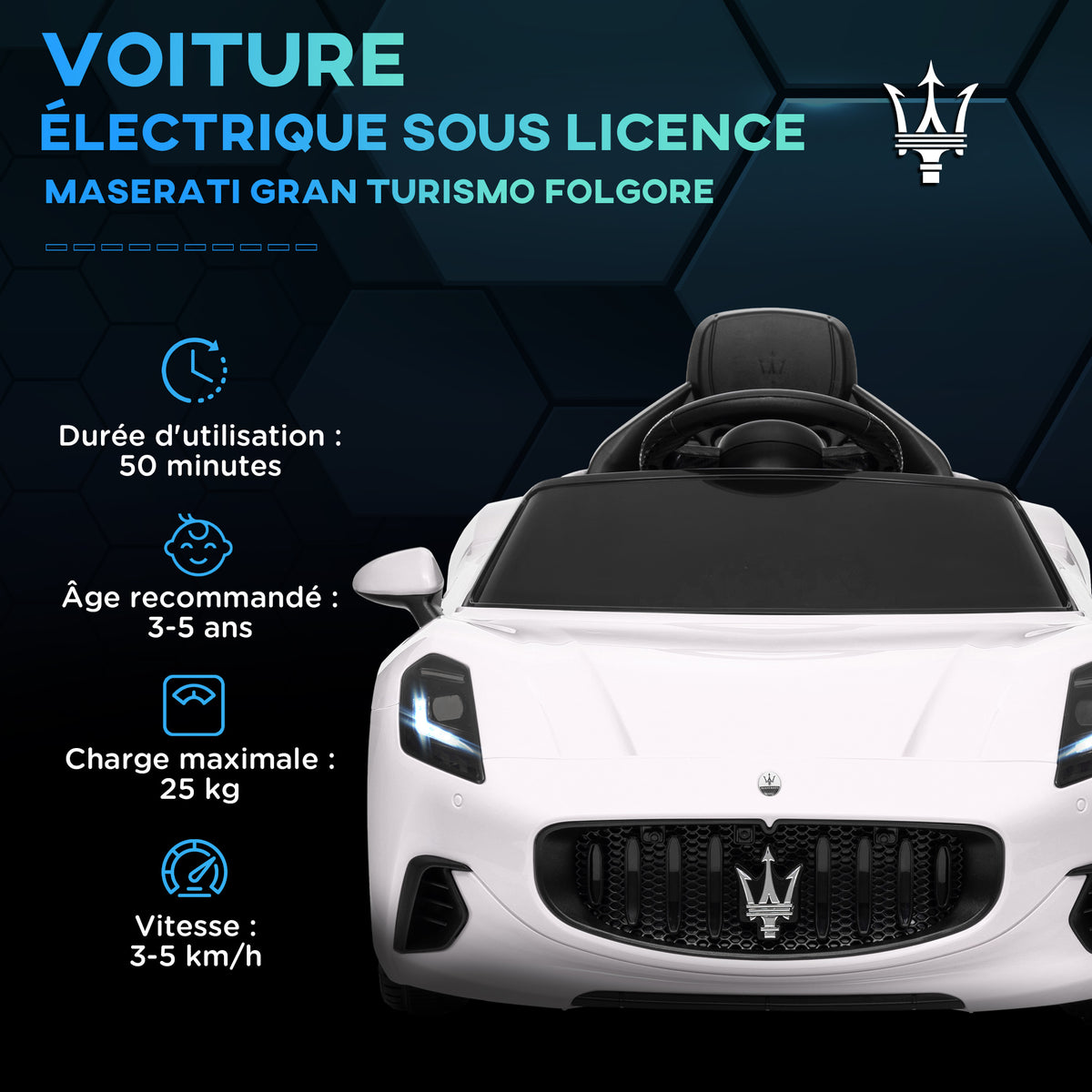 Elektrische auto voor kinderen met Maserati Gran Turismo Folgore-licentie, 12V met afstandsbediening, van 3 tot 5 jaar, wit