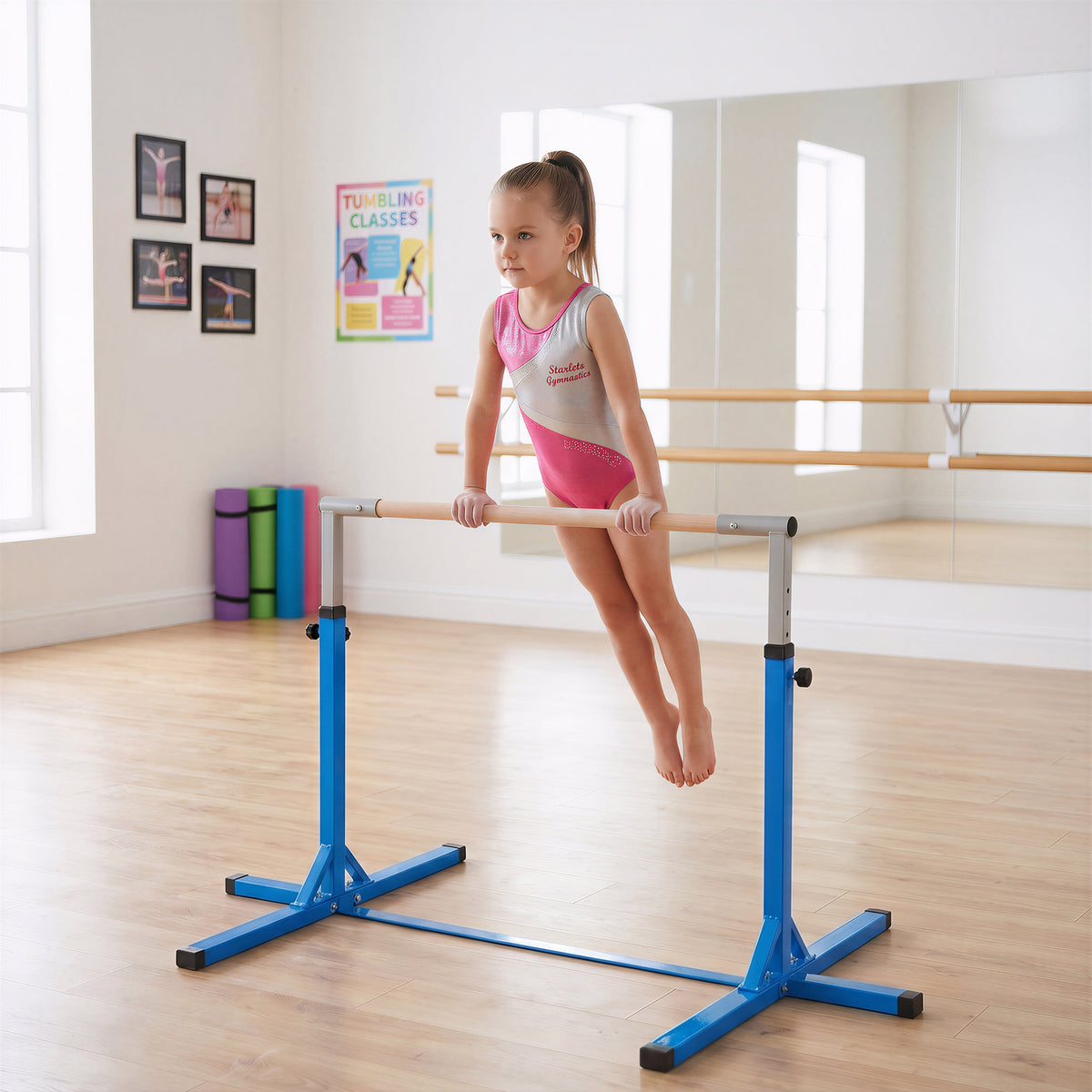 Barre fixe de gymnastique enfant - barre de gymnastique hauteur réglable 13 niveaux 92 à 150 cm - acier bleu bois hêtre