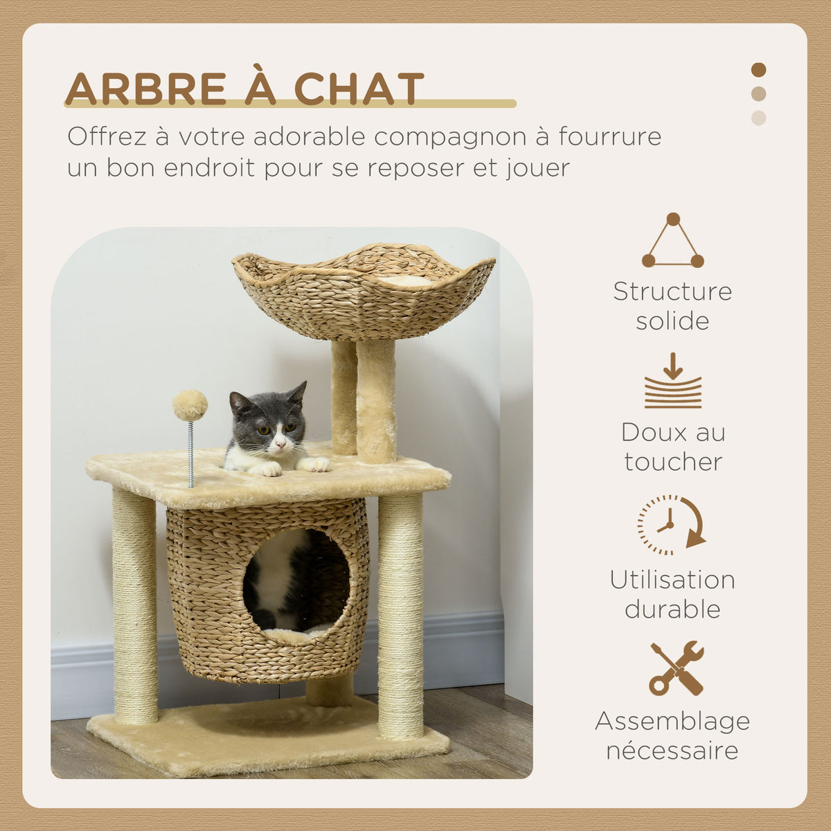 Tiragraffi per gatti in sisal naturale, 1 cuccia, cesta, pon-pon, peluche, giacinto d'acqua, 45 x 40 x 74 cm, beige