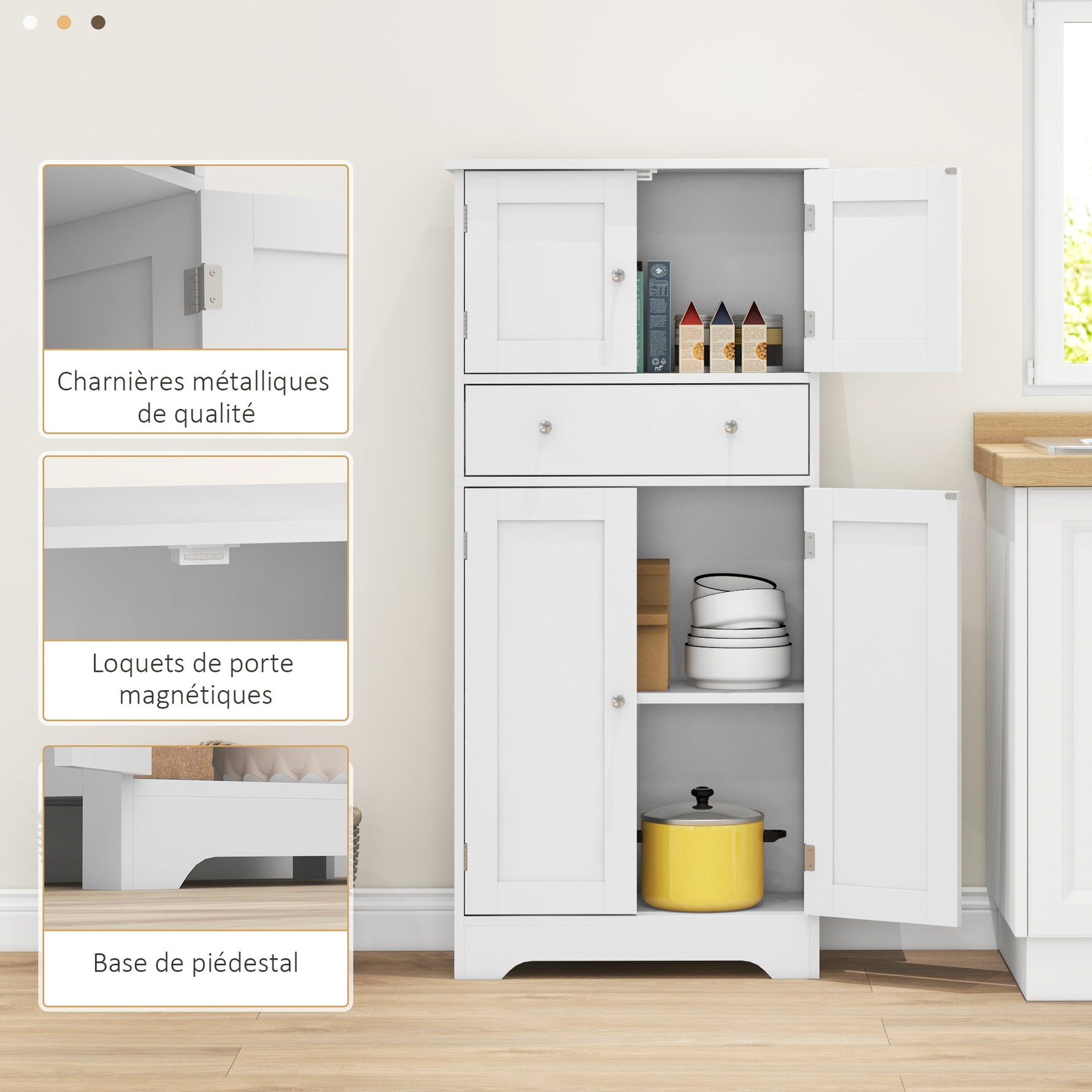 Armoire de cuisine buffet cuisine avec placards, étagères réglables, tiroir, 60 x 30 x 128 cm, blanc