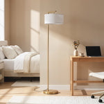 Lampadaire lampe à pied abat-jour en tissu de lin base ronde stable pour salle bureau or et blanc