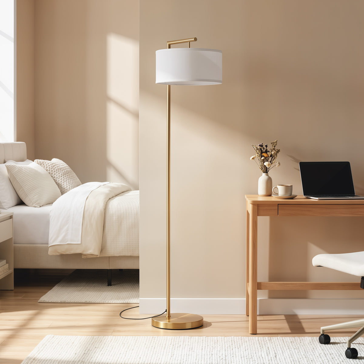 Lampadaire lampe à pied abat-jour en tissu de lin base ronde stable pour salle bureau or et blanc