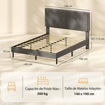 Estructura de cama de 140 x 190 cm con somier y cabecero ajustable, cama doble tapizada en lino, almacenamiento inferior, gris
