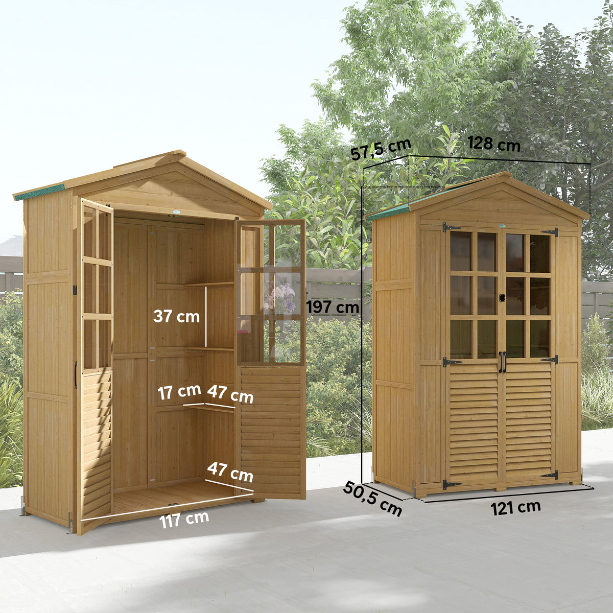 Abri de jardin Armoire de jardin pour outils avec Étagères et Fenêtres en Acrylique, 128 x 57,5 x 197 cm marron clair