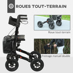 Déambulateur 4 roues pliable, rollator en aluminium léger, siège rembourré, dossier, poignée réglable, 69x64x98,5cm noir