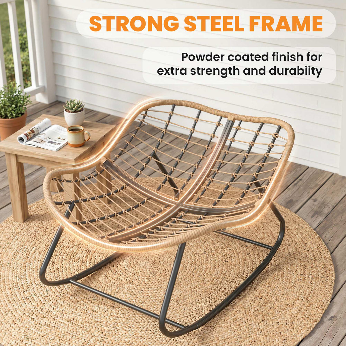 Fauteuil à Bascule Papasan Intérieur Extérieur, Chaise Ovale à Bascule Rembourrée pour Jardin, Patio, Gris