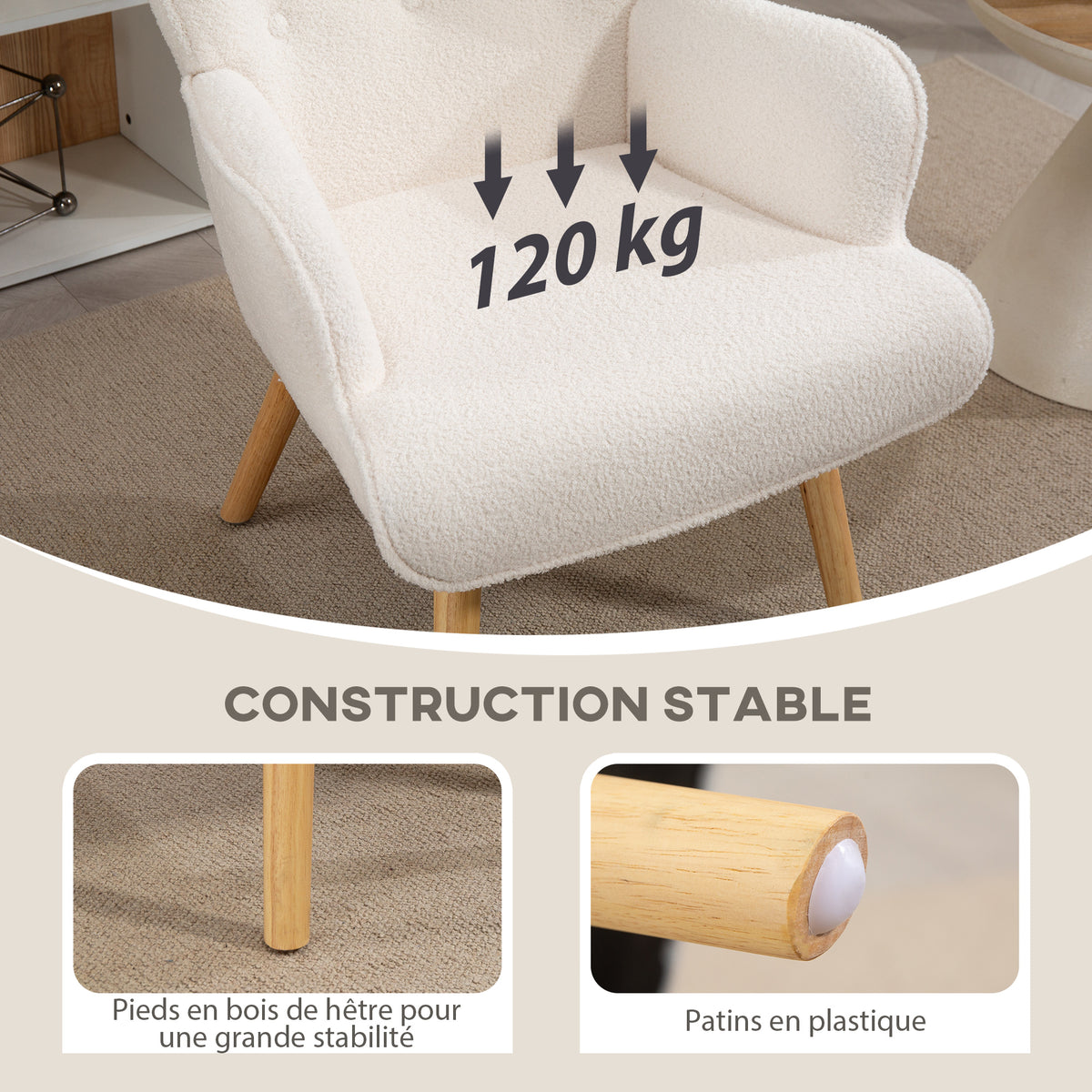 Fauteuil de salon en tissu bouclette, fauteuil capitonné et rembourré avec pieds en bois, 71 x 74 x 96 cm, beige