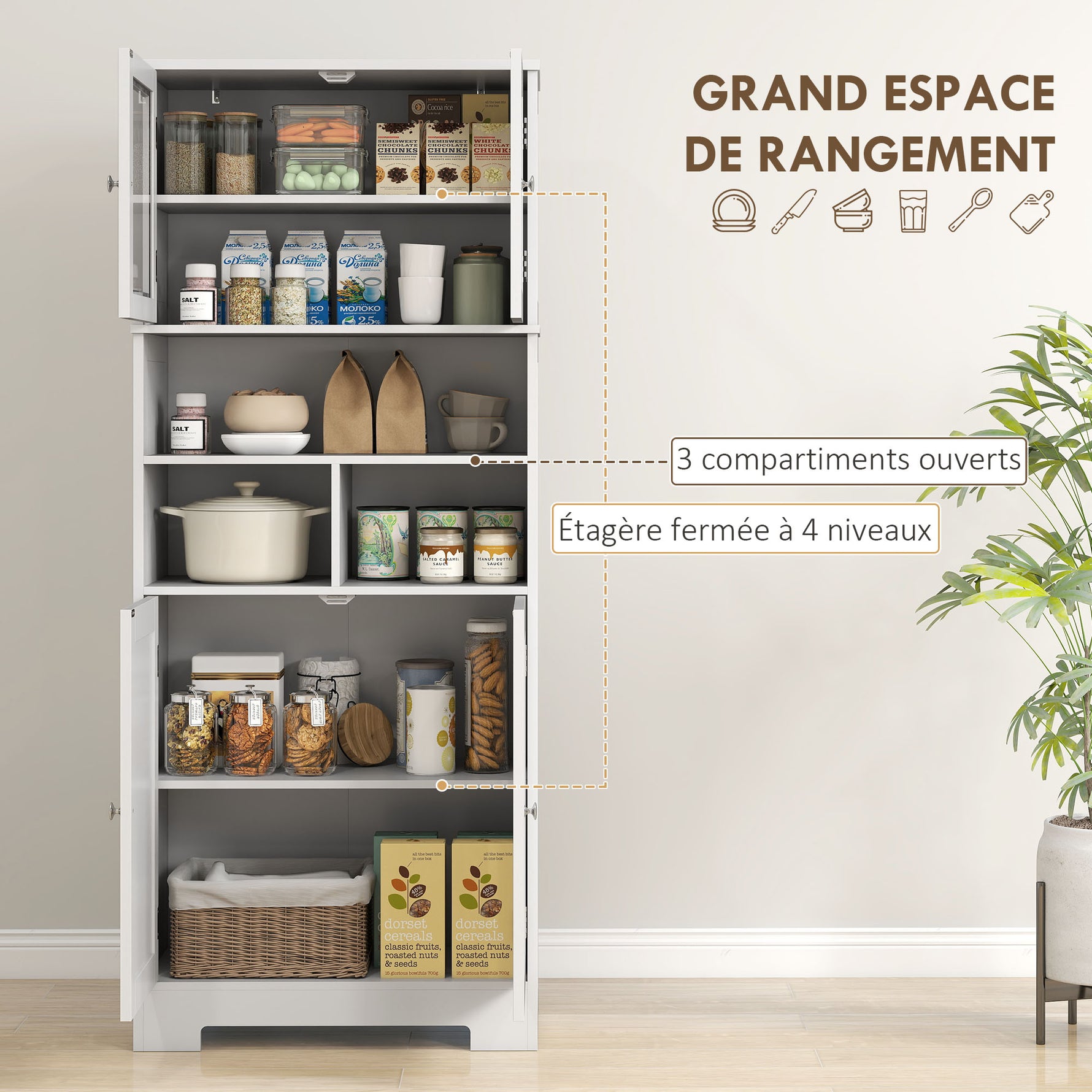 Buffet haut cuisine, armoire de cuisine, 4 portes, niches, étagères réglables, portes en verre, 60 x 30 x 145,5 cm blanc
