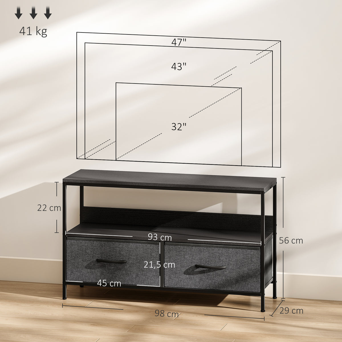 Meuble TV, meuble télé pour téléviseur jusqu'à 47 pouces avec 2 tiroirs et pieds en acier, 98 x 29 x 56 cm, gris foncé