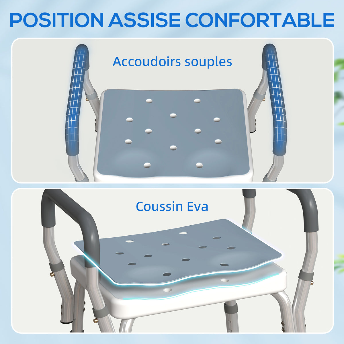 Tabouret de douche pour personnes âgées et handicapées avec accoudoirs, hauteur réglable, patins antidérapants, bleu