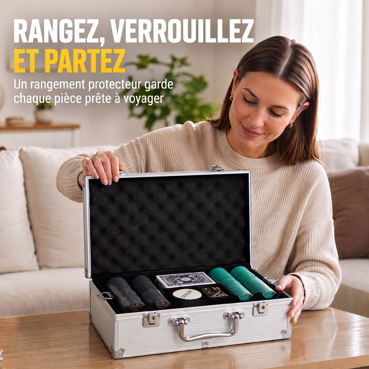 500-Chip Poker Case, 5 Denominations, 2 Decks of Cards, Playing Mat, Dealer Button, Blinds, Aluminum, 31x17x11.5cm, Silver