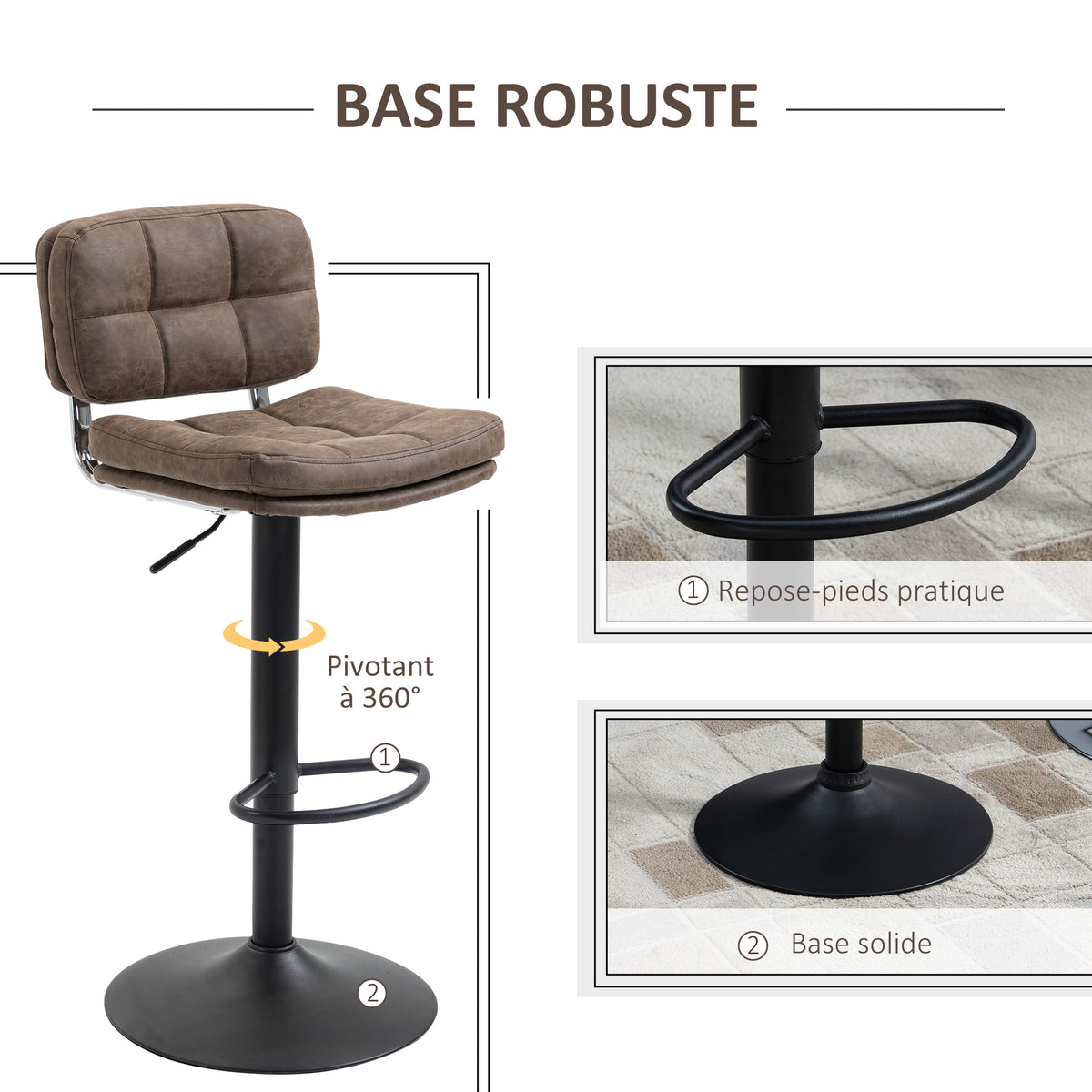 Lot de 2 tabourets de bar Vintage capitonné - pivotant, réglable - repose-pied - revêtement synthétique marron