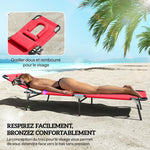 Bain de Soleil Pliable transat inclinable 4 Positions Chaise Longue 3 Coussins fournis Rouge