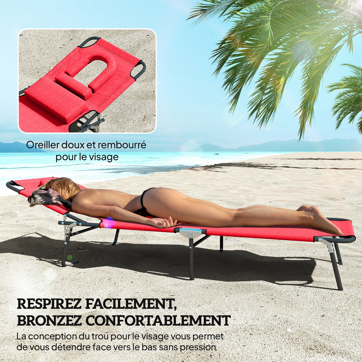 Bain de Soleil Pliable transat inclinable 4 Positions Chaise Longue 3 Coussins fournis Rouge