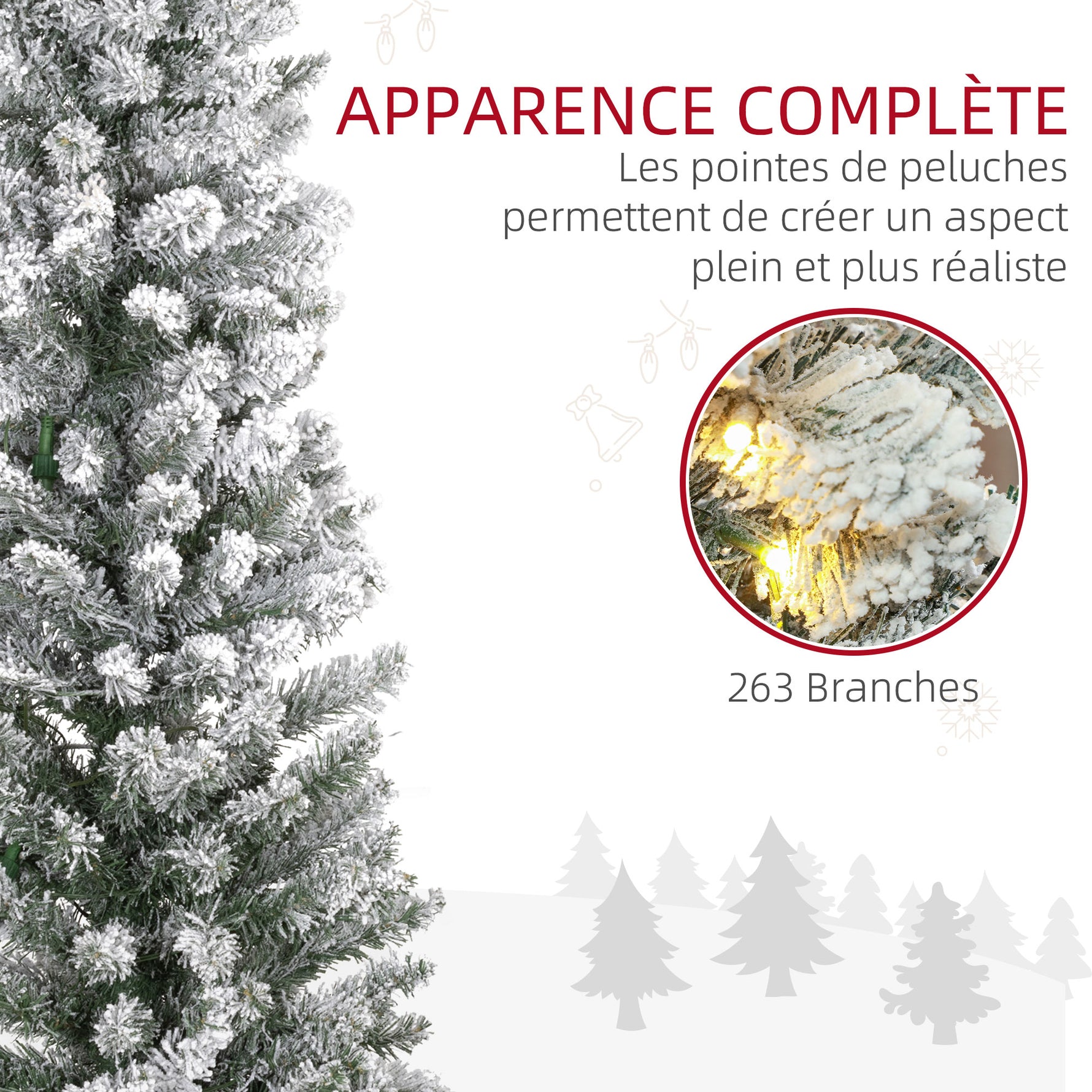 Sapin de Noël artificiel 150 cm avec éclairage LED blanc chaud, 263 branches enneigées, base en métal, réaliste et fin