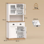 Buffet Haut Cuisine, Armoire Cuisine, 4 Portes dont 2 en Verre, 2 Tiroirs, Plan de Travail, Étagères Réglables, Blanc