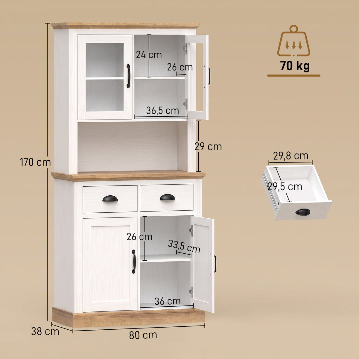 Buffet Haut Cuisine, Armoire Cuisine, 4 Portes dont 2 en Verre, 2 Tiroirs, Plan de Travail, Étagères Réglables, Blanc