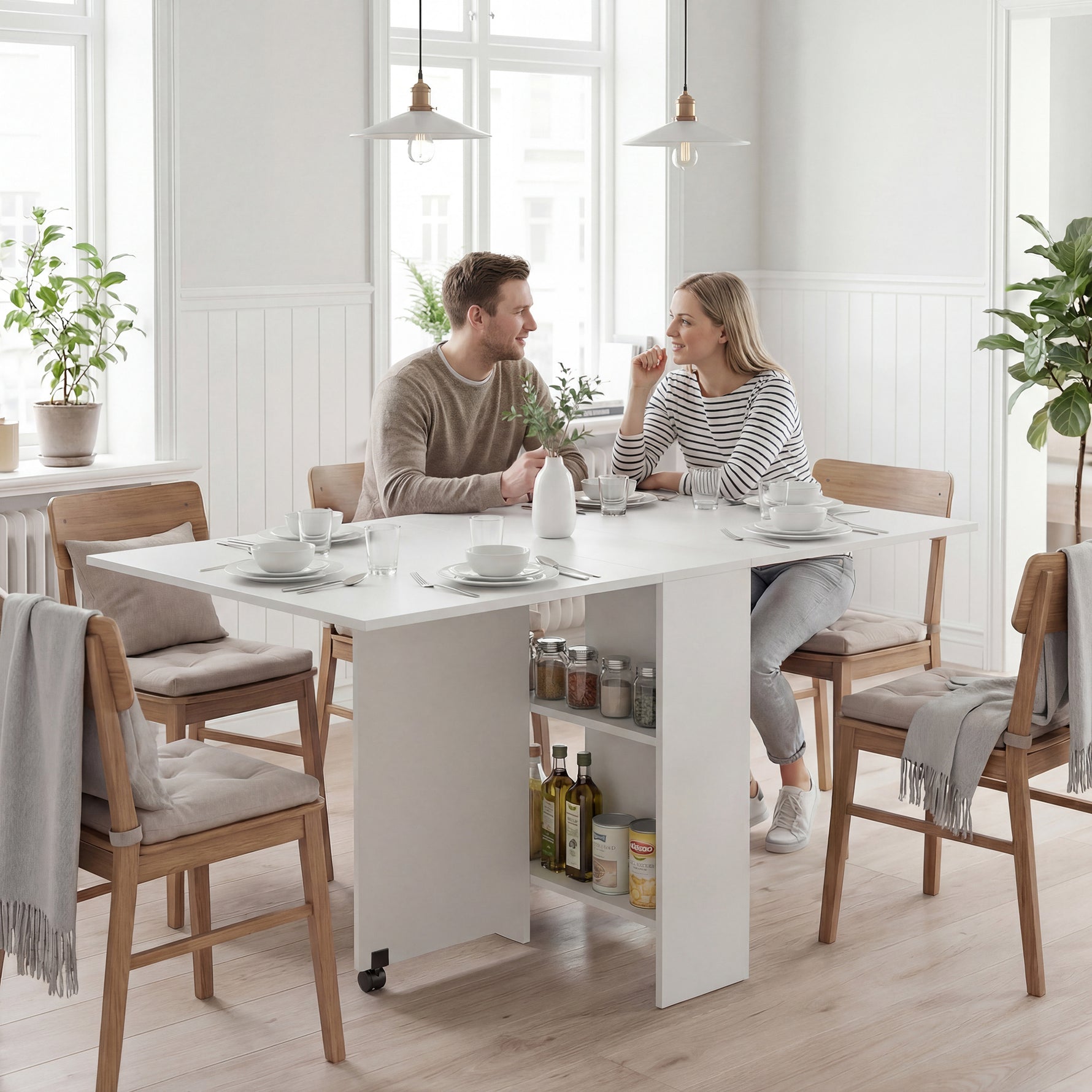 Table pliante de cuisine salle à manger amovible sur roulettes 75L x 140l x 74H cm blanc