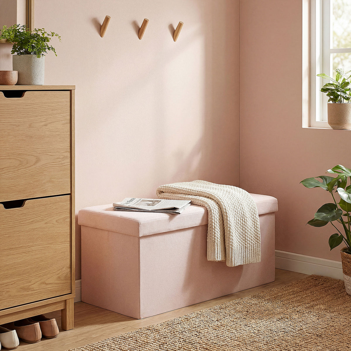 Banc de Rangement, Pouf de Rangement Pliable, Bout de Lit, Repose-Pieds avec Couvercle, 76L x 38l x 38H cm, Rose