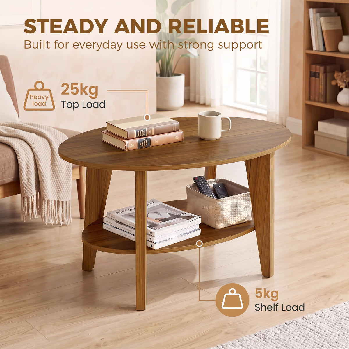 Table Basse Ovale à 2 Niveaux, Table de Salon Moderne avec Étagère Inférieure Ouverte, 80 x 50 x 45 cm, Chêne