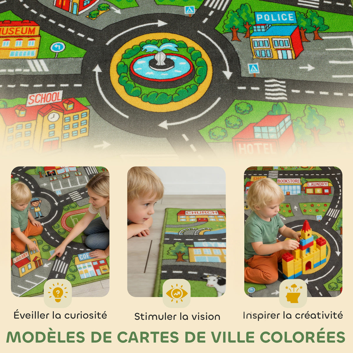 Tapis de jeu pour bébé, tapis de sol antidérapant, motif de route de la ville, 200 x 150 cm, multicolore