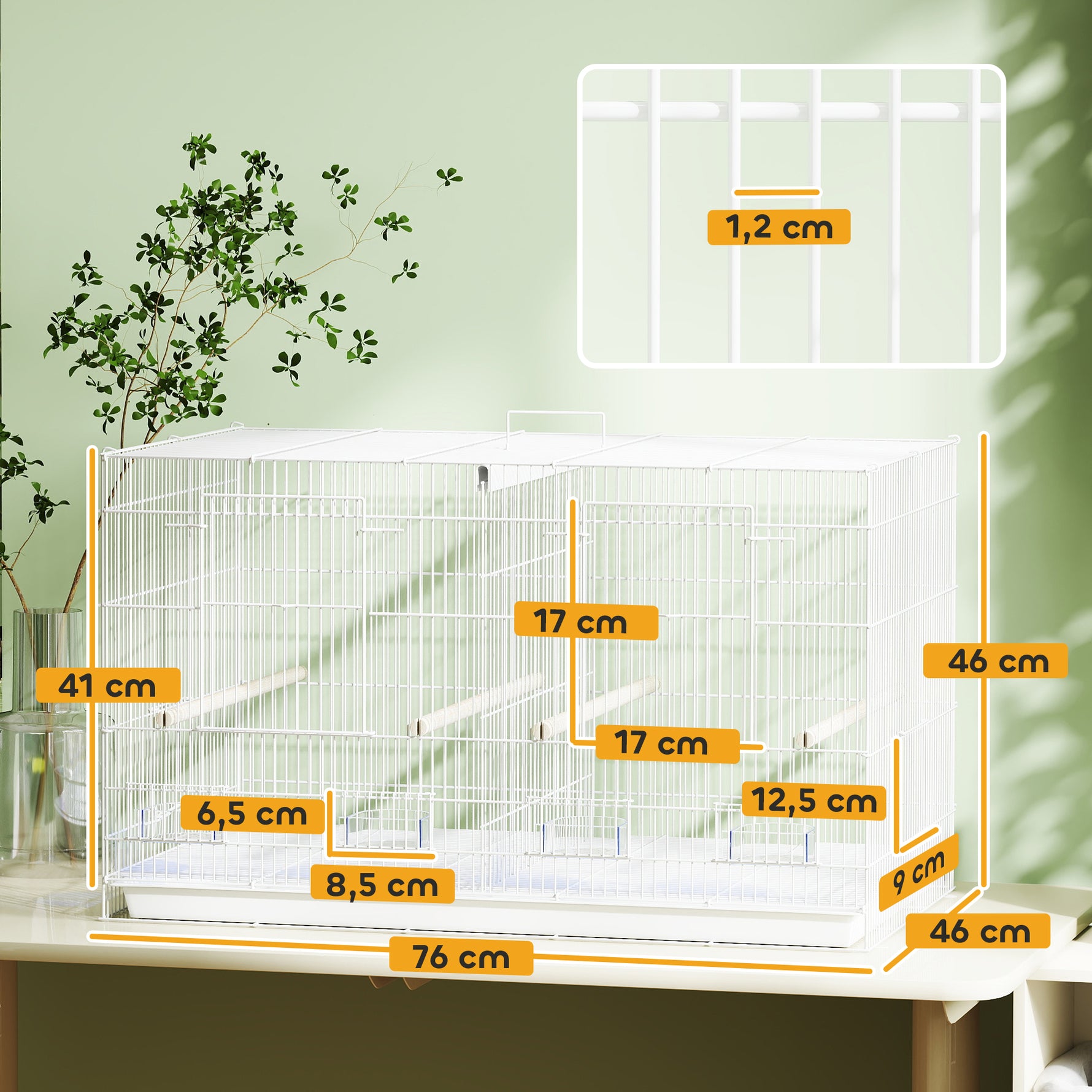Cage à Oiseaux Volière Intérieur Acier avec Séparateur, 4 Perchoirs, Plateau Coulissant, 4 Mangeoires, 76x46x46cm, Blanc
