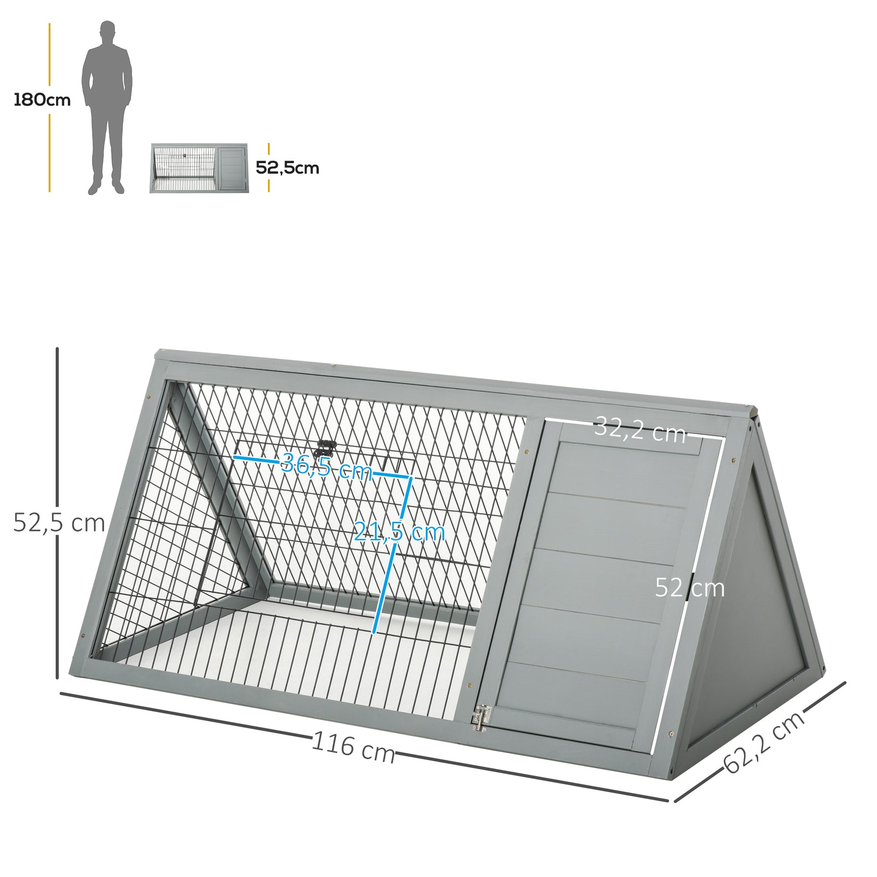 Clapier triangulaire de sol enclos extérieur niche double porte convient aux lapins poules tortue terrestre dim. 116L x 62,2l x 52,5H cm bois massif pin gris