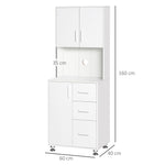 Buffet haut cuisine, armoire de cuisine avec 3 portes, 3 tiroirs et plan de travail, 60 x 40 x 160 cm, blanc