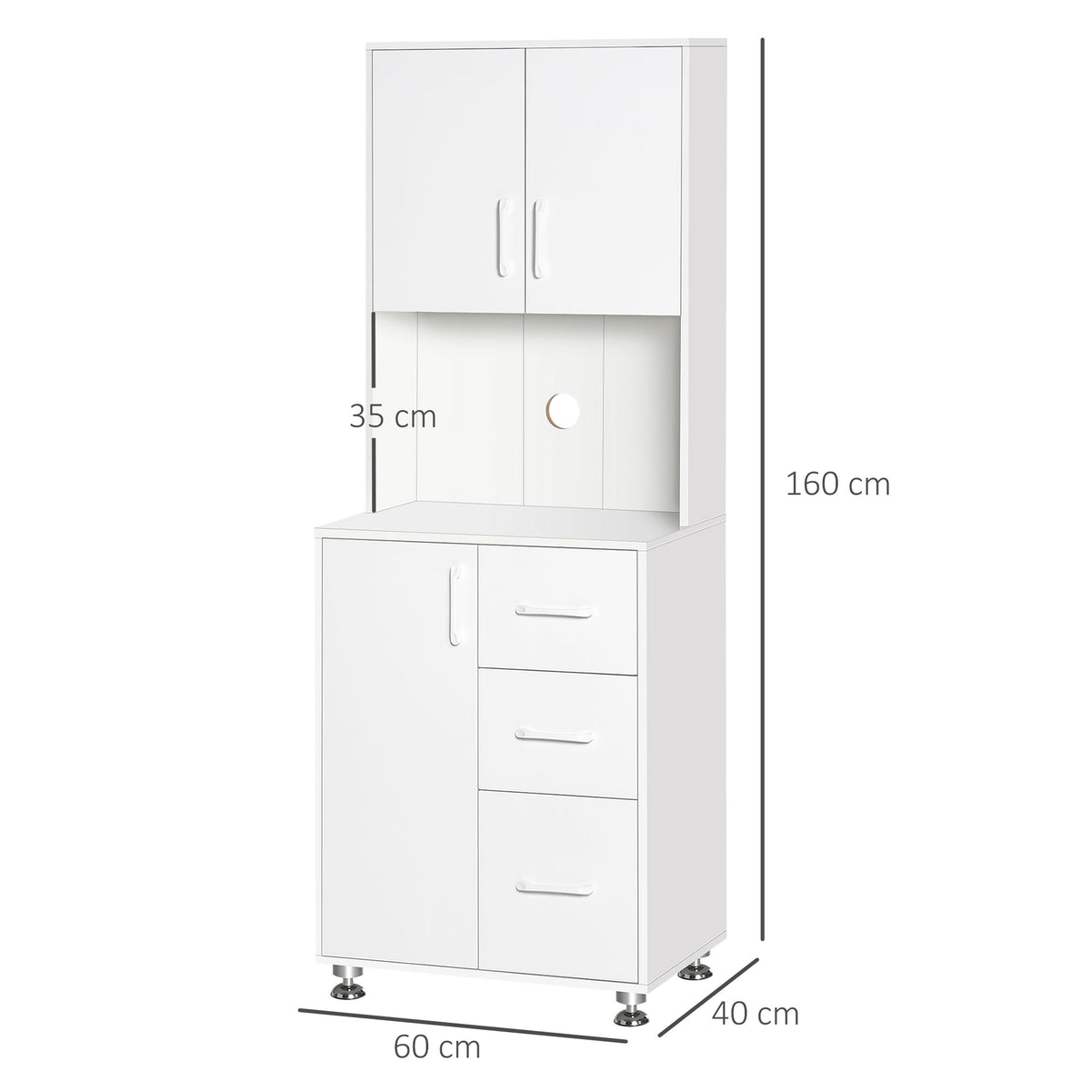 Buffet haut cuisine, armoire de cuisine avec 3 portes, 3 tiroirs et plan de travail, 60 x 40 x 160 cm, blanc