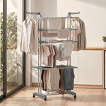 Séchoir à linge pliable 4 niveaux avec roulettes, étendoir linge intérieur avec ailes latérales, cadre en acier, gris