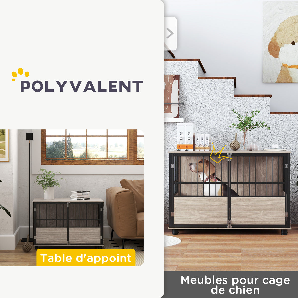 Cage pour chien intérieur, table d'appoint, 100 x 60 x 68 cm, niche, 3 portes verrouillables,  aspect bois noir