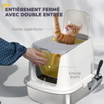 Bac à Litière Fermé en Inox, Couvercle Amovible, Entrée Frontale et Sortie Supérieure, Pelle, 52,4x41,3x39,8cm, Blanc